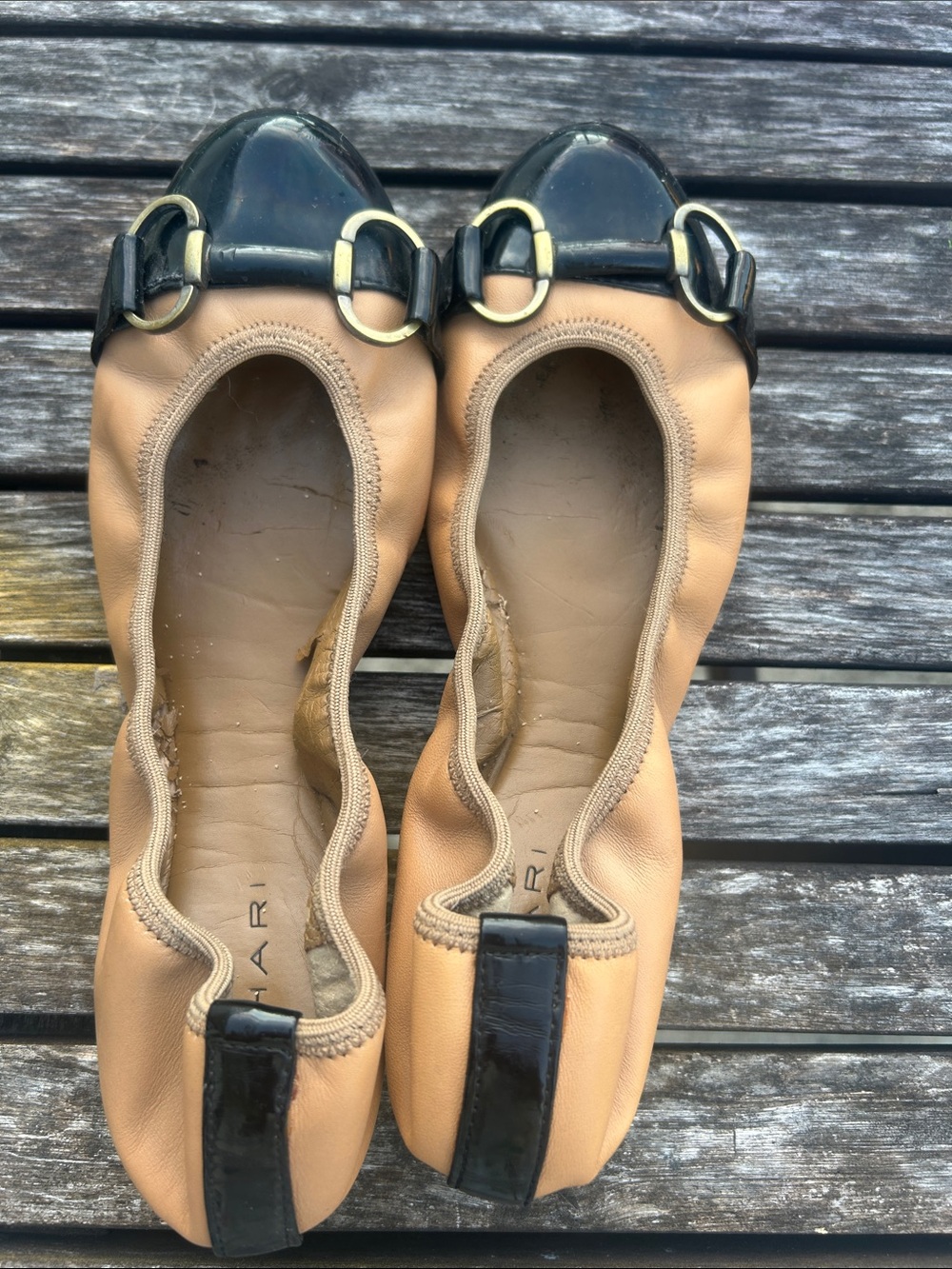 Tahari Beige Leather Ballet Flats with Black Patent Cap and Gold Rings